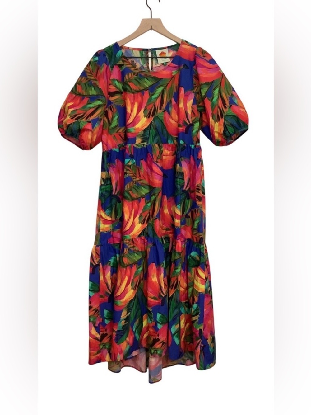 NWT Farm Rio Banana Mix Tropical Print Puff Sleeve Midi Dress - Blue Multi - Picture 5 of 11